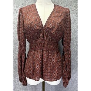 Max Studio Womens Top Babydoll Boho V Neck Y2K Rust Balloon Slv Smocked Medium